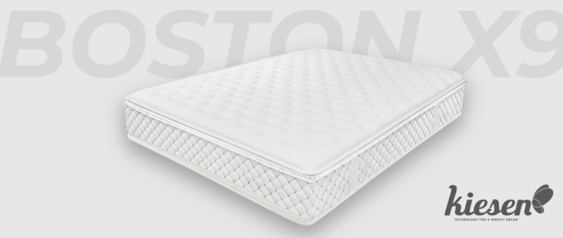Colchón Boston X9: Fabricado por Kiesen, se enfoca en su tecnología de soporte Spring Bag (muelles ensacados) para alinear la columna y destaca por su grueso doble topper y tejido elástico (Stretch). https://kiesen.es/colchon/springbag/boston-x6?highlight=WyJib3N0b24iXQ==#:~:text=BOSTON%20X9,el%20mejor%20descanso.