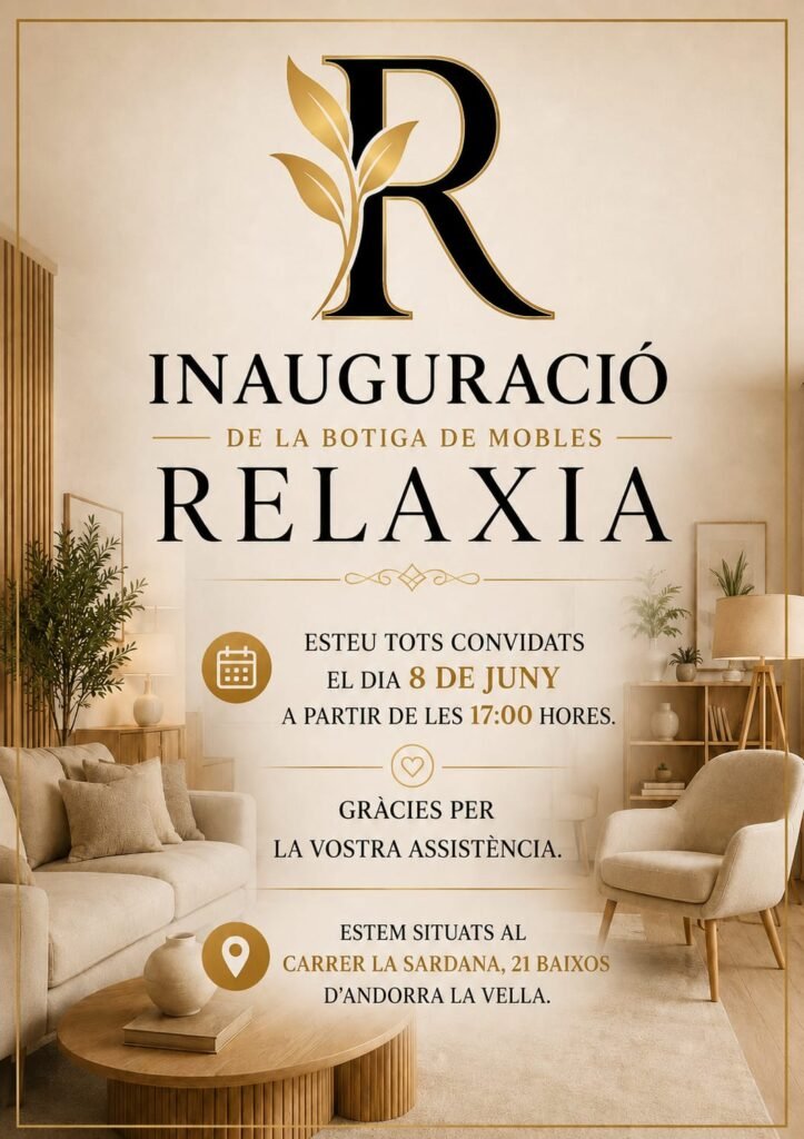 💙 RELAXIA ANDORRA — Finalment ha arribat el dia!   Després de mesos de feina, il·lusió i dedicació, aquest dilluns 8 de juny a les 17 hores inaugurem oficialment la nostra nova botiga de descans a Andorra la Vella. Un espai creat perquè pugueu descobrir el millor del nostre saber fer, amb matalassos d’alta qualitat, canapès, coixins, sofàs, mobiliari i tot allò que transforma una casa en un lloc on viure bé… i descansar-hi millor. Us esperem a partir de les 17 h per obrir plegats aquesta nova etapa. Serà un plaer rebre-us, explicar-vos totes les novetats i compartir amb vosaltres aquest projecte que neix amb una idea molt clara: El bon descans és salut, i la qualitat a bon preu és innegociable. Ja ens veurem dilluns! RELAXIA ANDORRA — Carrer de la Sardana, 21 baixos. #RelaxiaAndorra #Inauguració #DescansDeQualitat #Benestar #AndorraLaVella Nota: Dimarts en horari de botiga obert al públic.