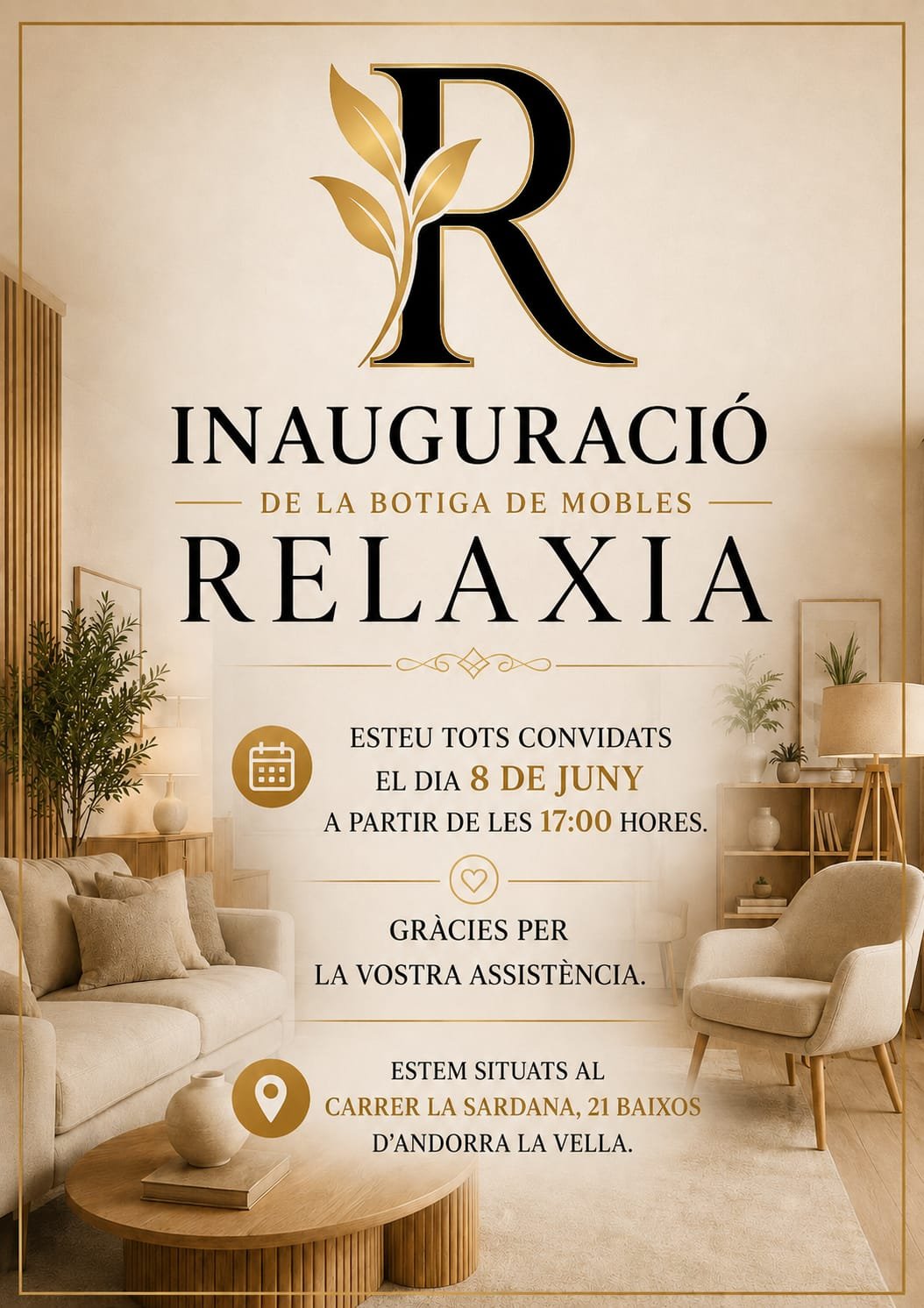 💙 RELAXIA ANDORRA — Finalment ha arribat el dia!   Després de mesos de feina, il·lusió i dedicació, aquest dilluns 8 de juny a les 17 hores inaugurem oficialment la nostra nova botiga de descans a Andorra la Vella. Un espai creat perquè pugueu descobrir el millor del nostre saber fer, amb matalassos d’alta qualitat, canapès, coixins, sofàs, mobiliari i tot allò que transforma una casa en un lloc on viure bé… i descansar-hi millor. Us esperem a partir de les 17 h per obrir plegats aquesta nova etapa. Serà un plaer rebre-us, explicar-vos totes les novetats i compartir amb vosaltres aquest projecte que neix amb una idea molt clara: El bon descans és salut, i la qualitat a bon preu és innegociable. Ja ens veurem dilluns! RELAXIA ANDORRA — Carrer de la Sardana, 21 baixos. #RelaxiaAndorra #Inauguració #DescansDeQualitat #Benestar #AndorraLaVella Nota: Dimarts en horari de botiga obert al públic.